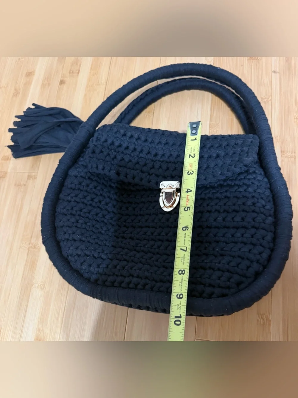 New Handmade Black Crochet Women's Purse Bag Handle Handbag tassel clasp closure